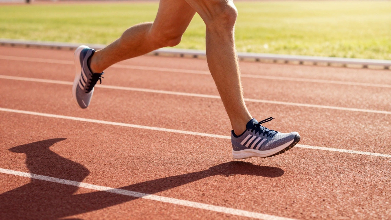 Low angle shot of a runner's feet in lightweight shoes sprinting on a sunny track.