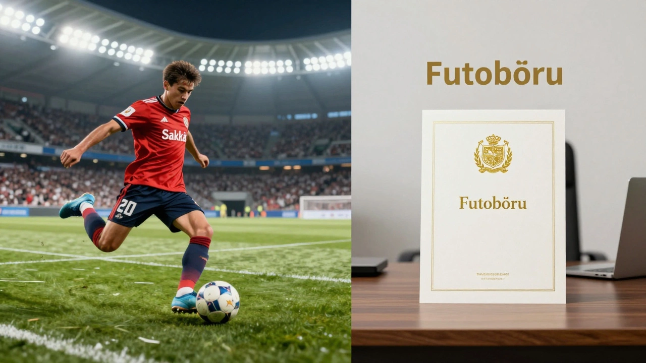 Split screen showing a dynamic soccer match and a formal administrative document