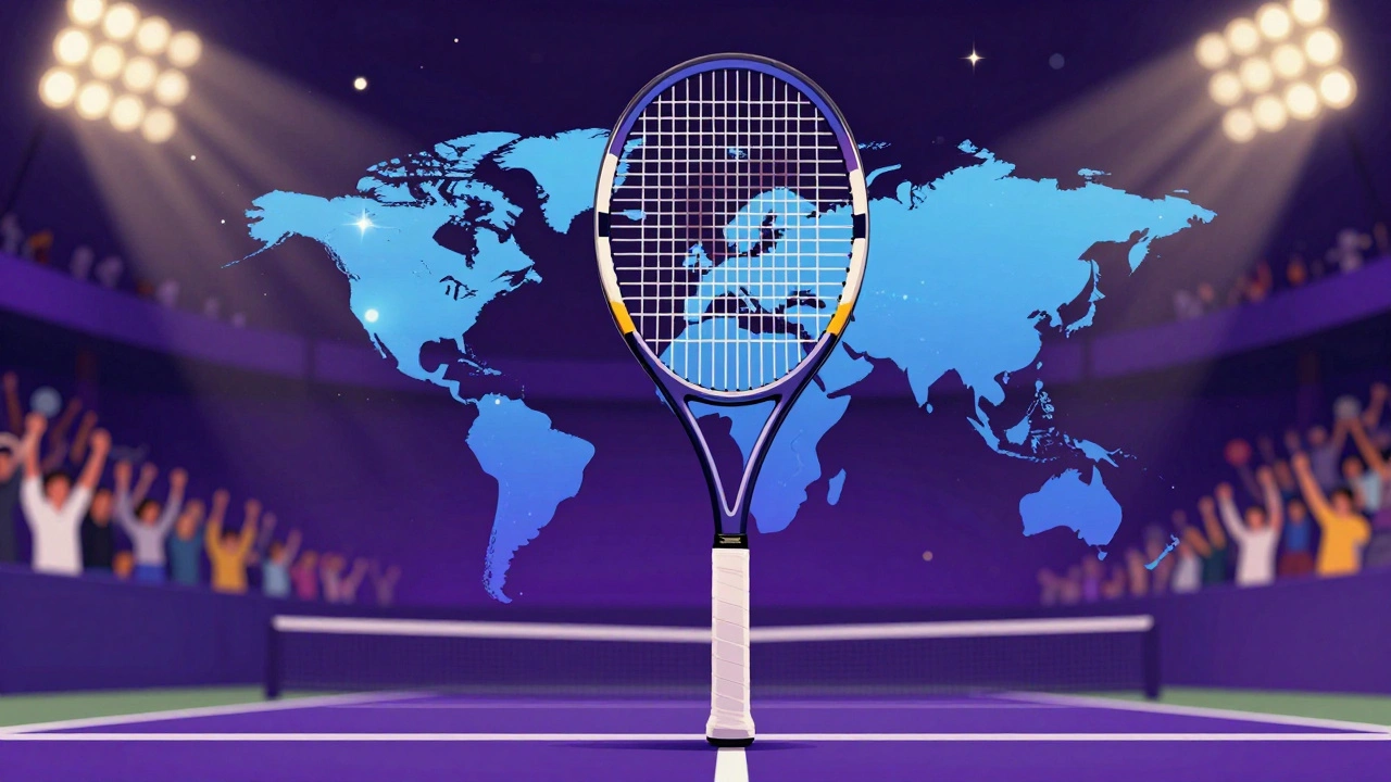 Stylized tennis racket under bright stadium lights with a cheering crowd