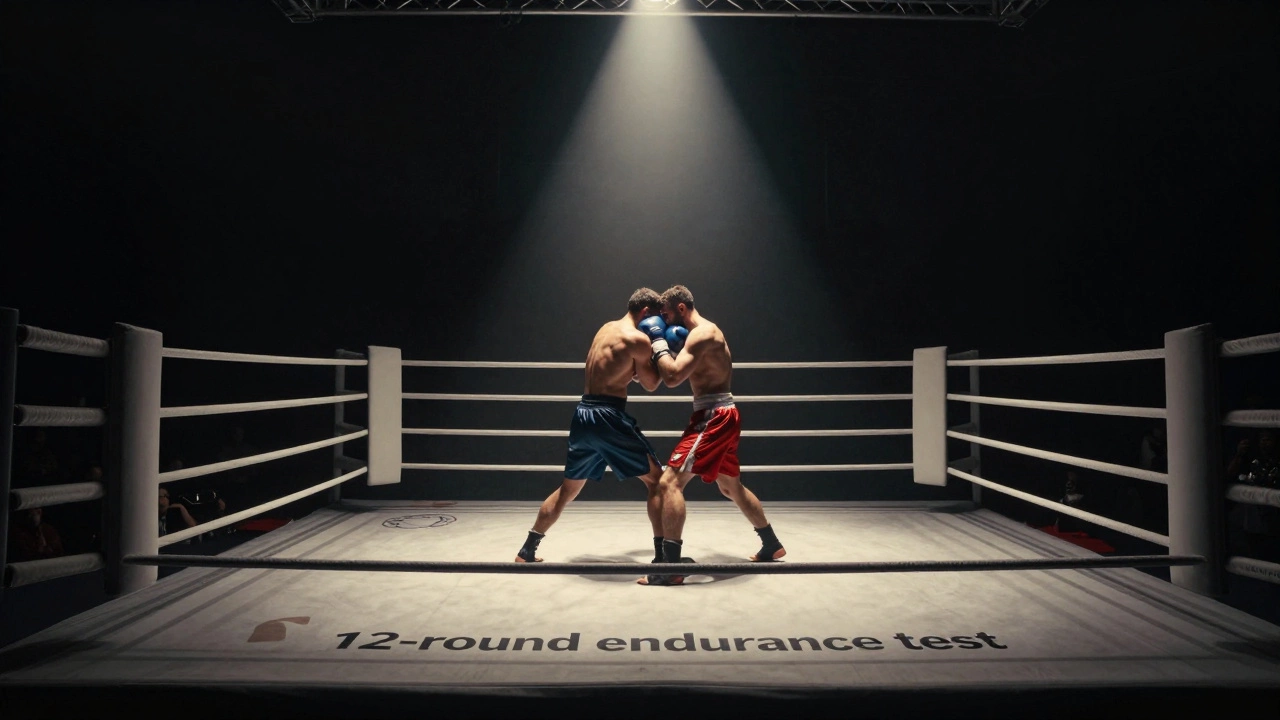 Two professional boxers clinching in a spotlighted ring during a championship fight