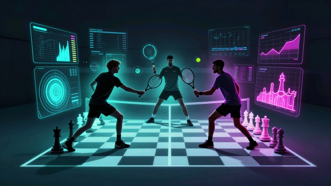 Abstract art showing tennis players surrounded by data analytics visuals