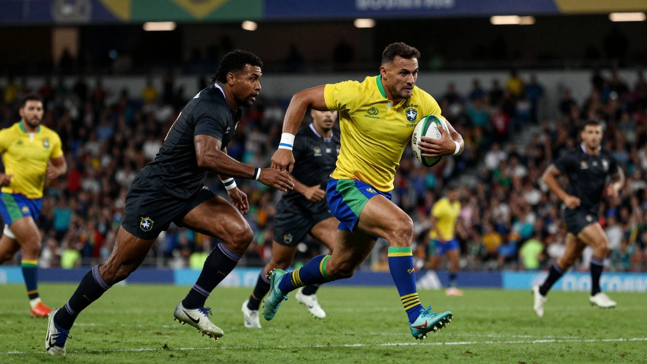 Action shot of Brazilian rugby sevens player sprinting with the ball