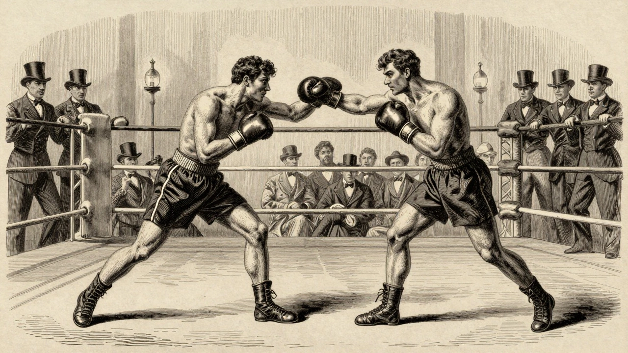 Boxers fighting with heavy leather gloves in a roped ring during the Victorian era.