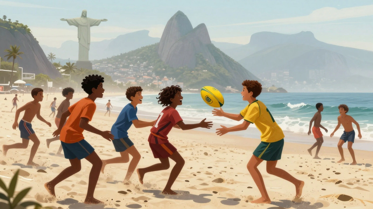 Children playing rugby on a Brazilian beach with city skyline