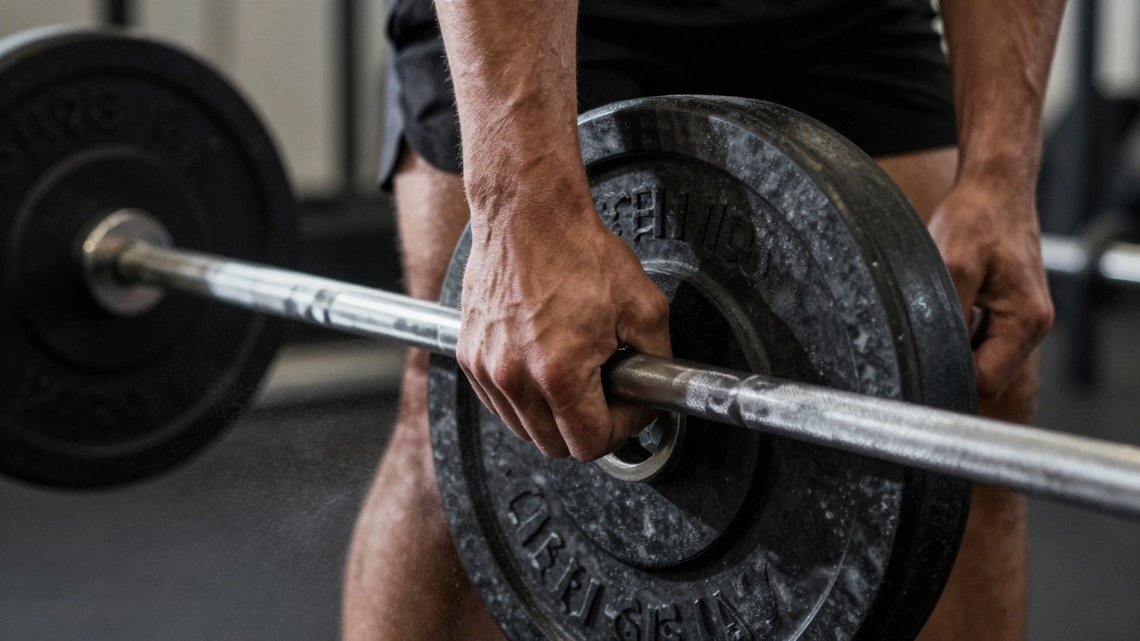 Close-up of chalked hands gripping a barbell plate, highlighting texture and effort