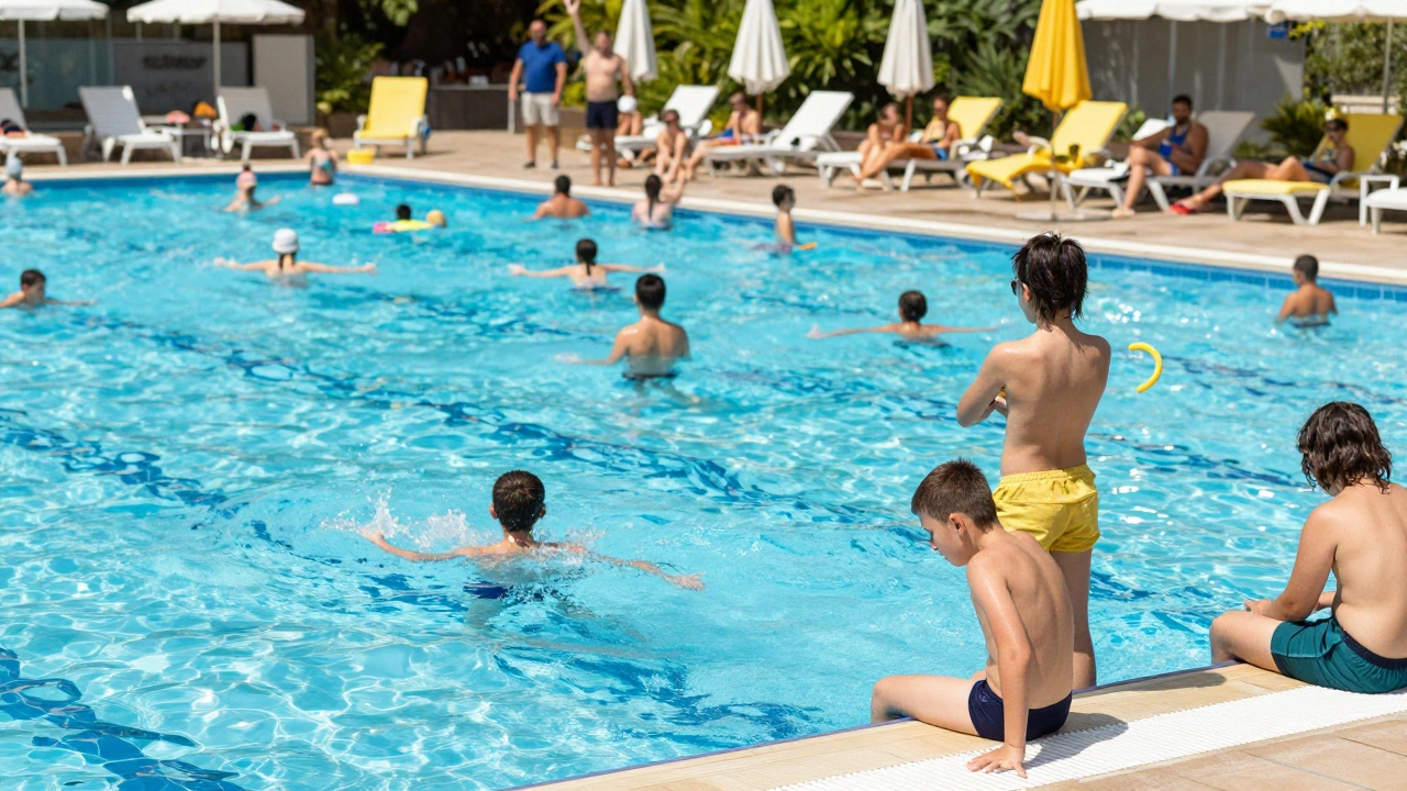Crowded outdoor pool in summer showing the challenges of learning to swim in busy conditions.