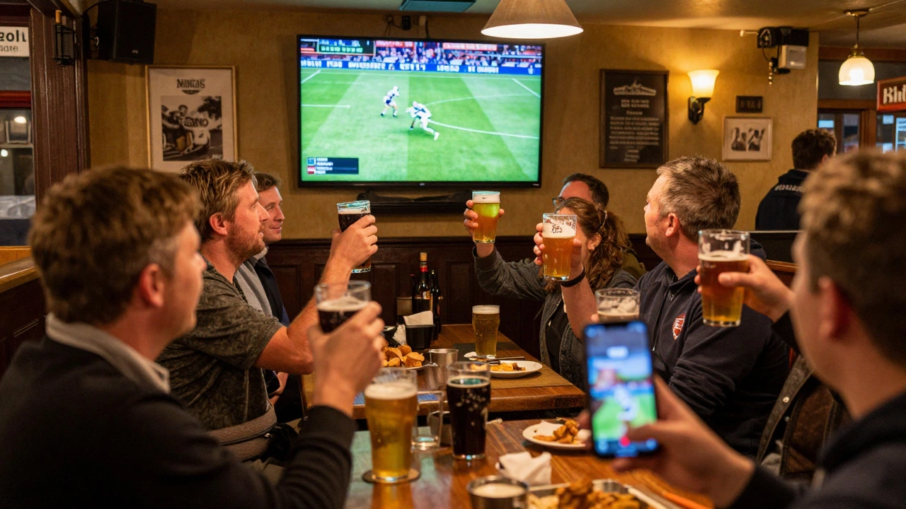 Expats and locals celebrating a rugby try together in a pub