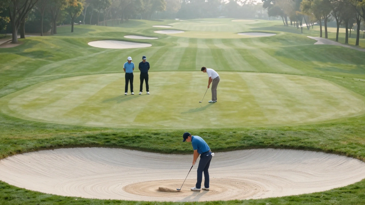 Golfers raking bunker and waiting quietly during another's putt