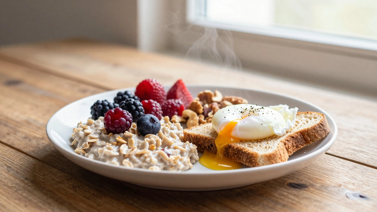 Healthy breakfast with oatmeal, berries, and eggs on a wooden table.