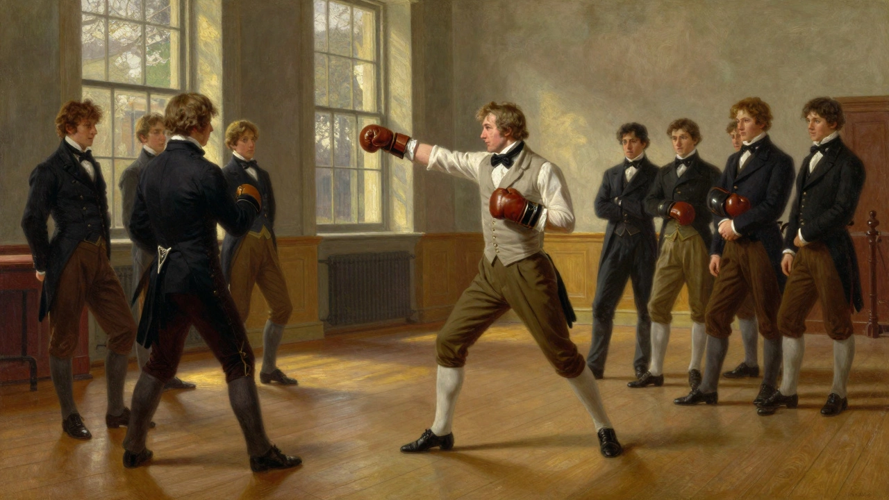 John Broughton teaching boxing with padded gloves to aristocrats in an 18th-century school.
