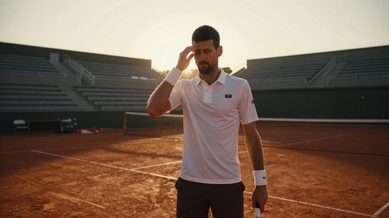 Novak Djokovic standing alone on a clay court during golden hour
