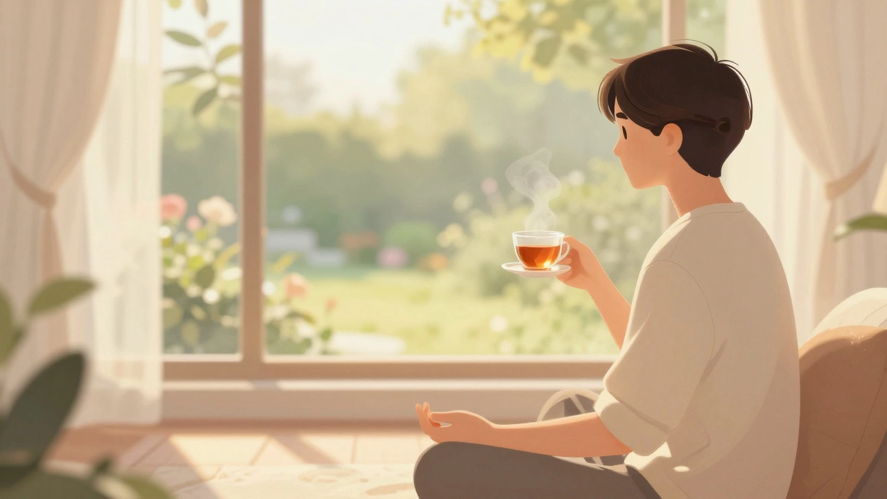 Person sitting calmly with tea, enjoying quiet morning mental clarity.