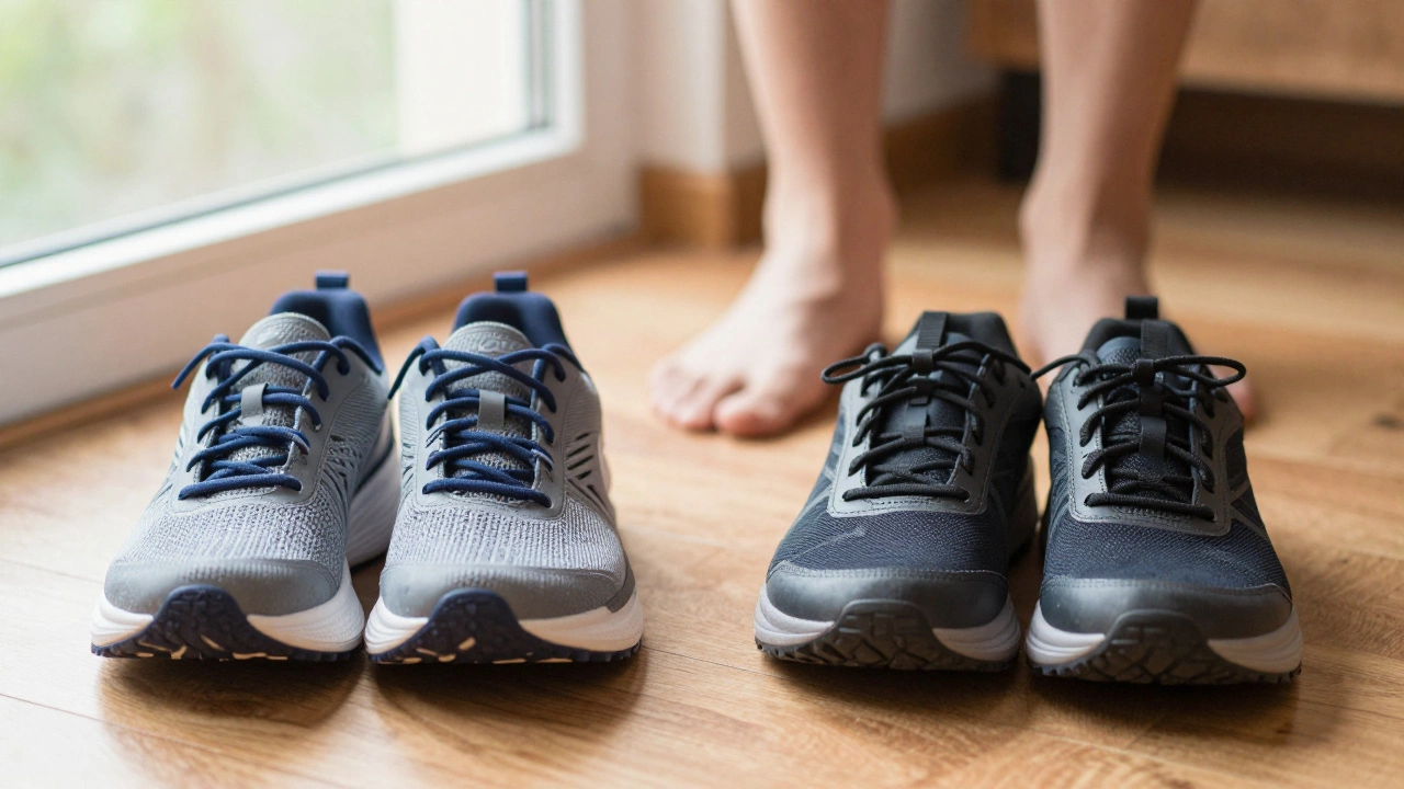 Running shoes next to walking shoes on a wooden floor