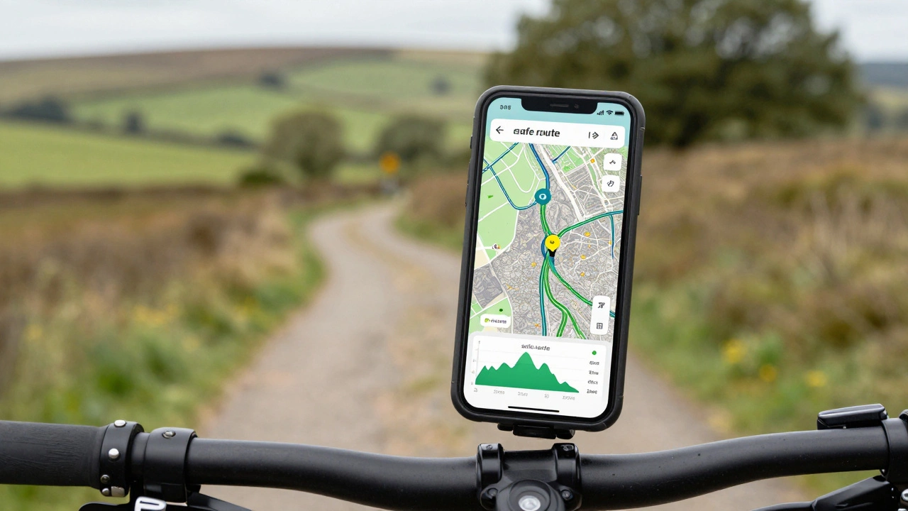 Smartphone on bike handlebars showing detailed cycling map app