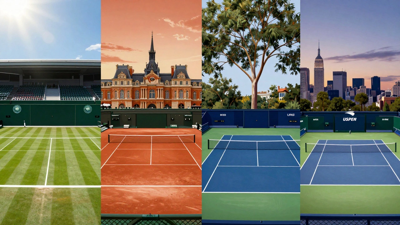 Split illustration showcasing the distinct court surfaces and settings of the four major tennis Grand Slams.
