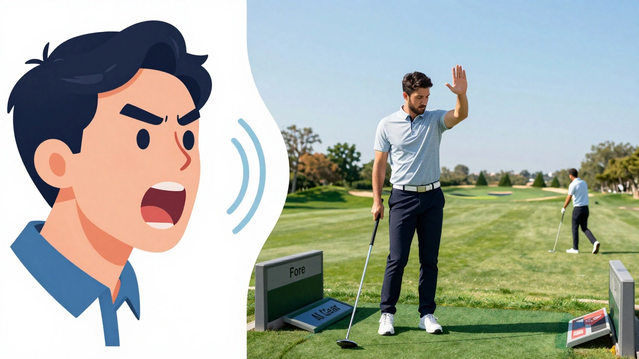 Split image of golfer shouting warning and stopping range hazard