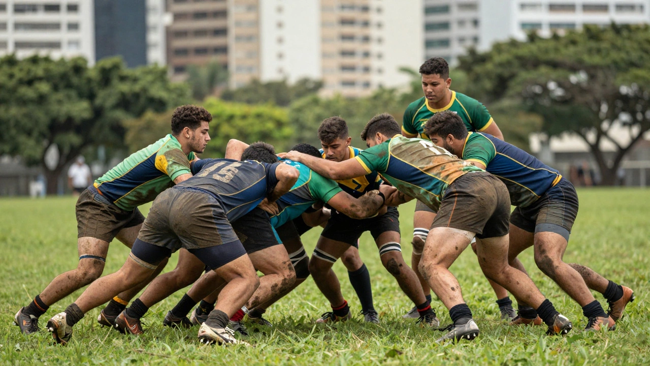 A diverse rugby team engaged in a scrum on a green field in an urban park.