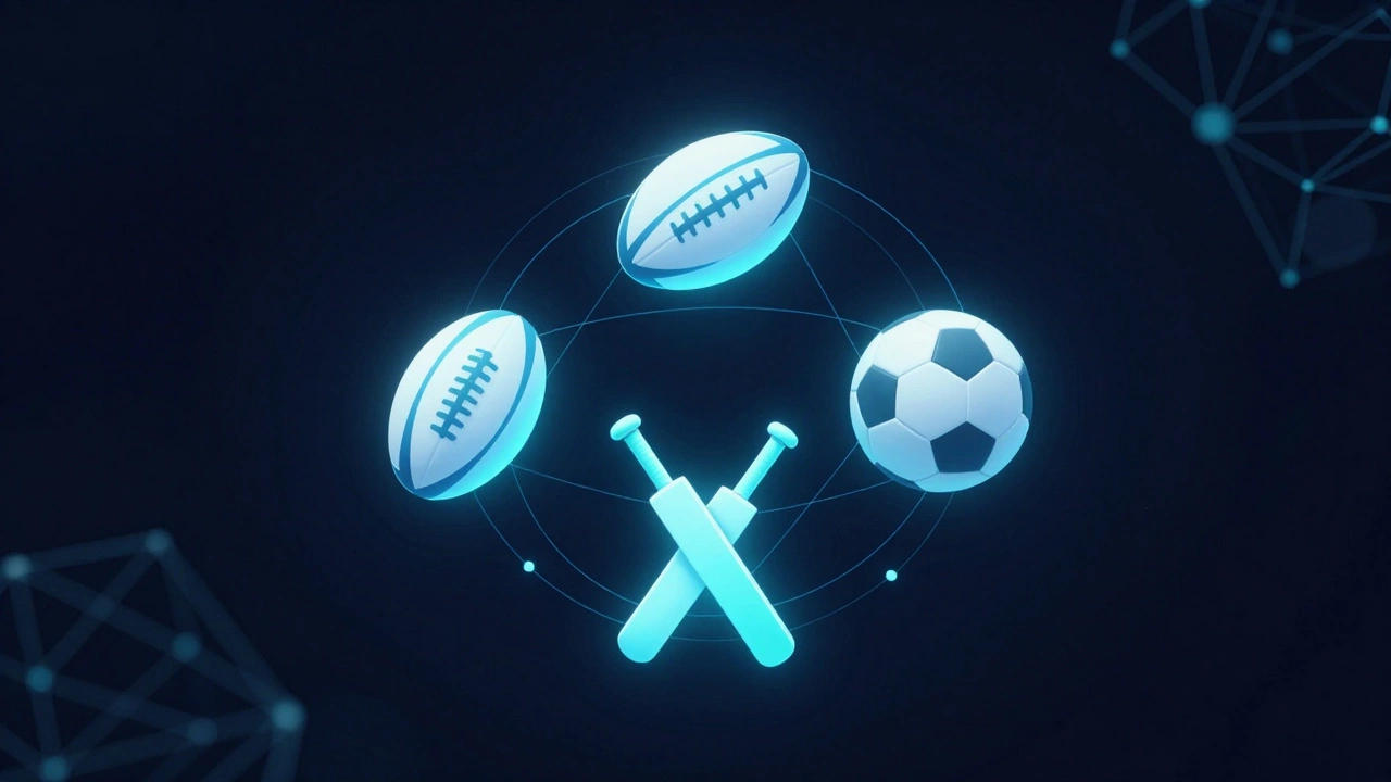 Abstract 3D icons representing rugby, cricket, and soccer streaming