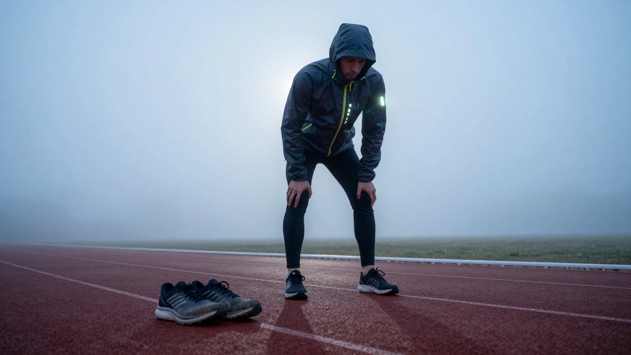 Athlete in reflective layers and LED lights preparing for morning run