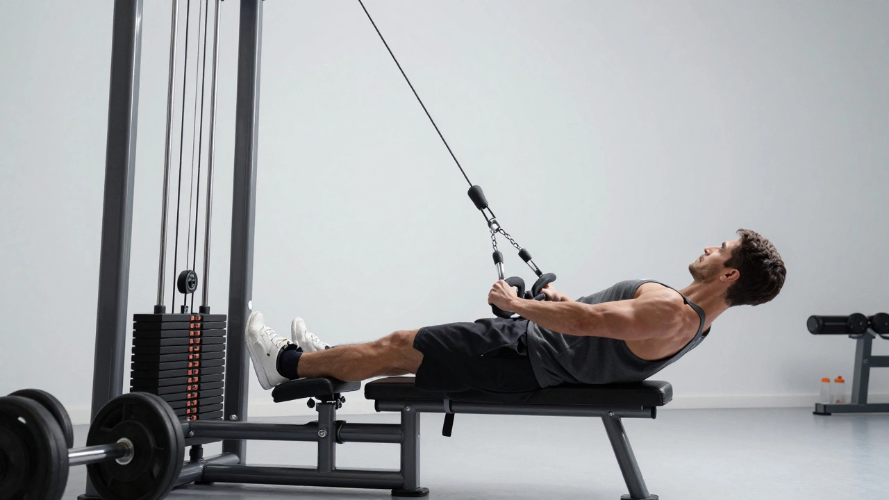 Athlete using cable machine, showing pulley system in gym
