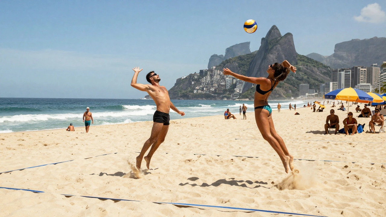 Athletes spiking a volleyball on a sunny beach court in Rio de Janeiro.