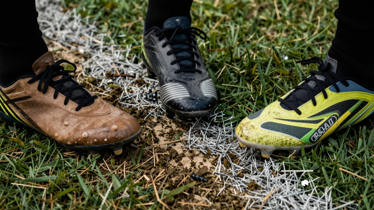 Close-up of different rugby boot studs on mud, sand, and turf