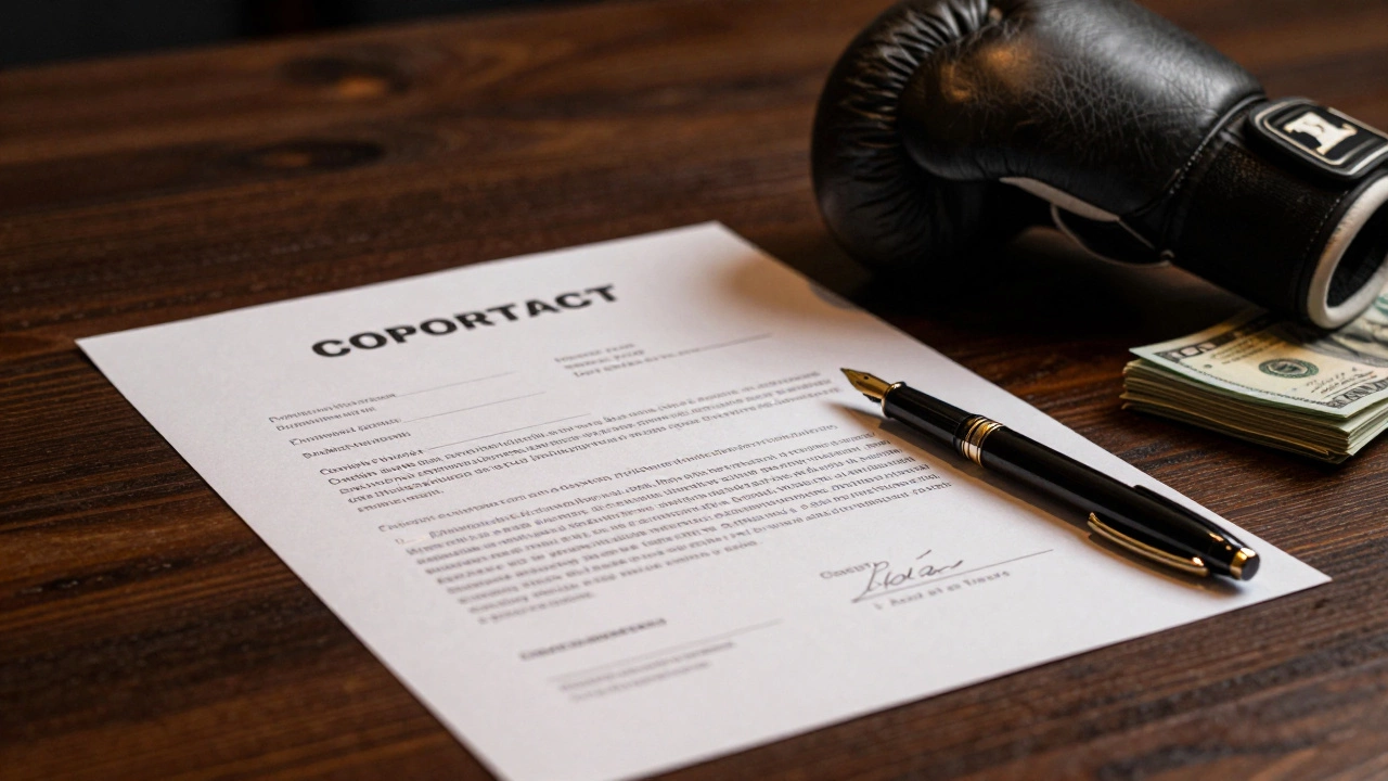 Contract papers, boxing wraps, and cash representing private promoter deals