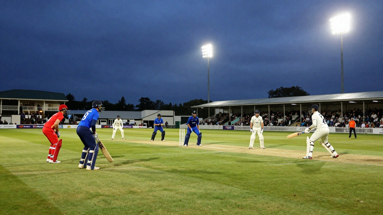 Cricket match under floodlights during the T20 Blast season