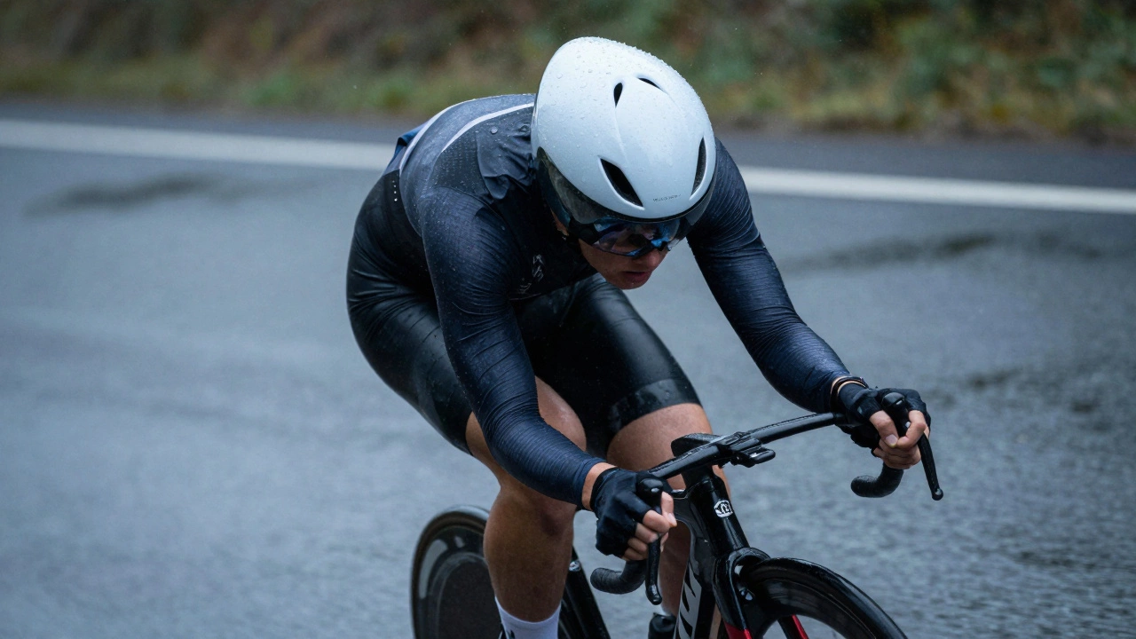 Cyclist in aerodynamic helmet riding through water spray