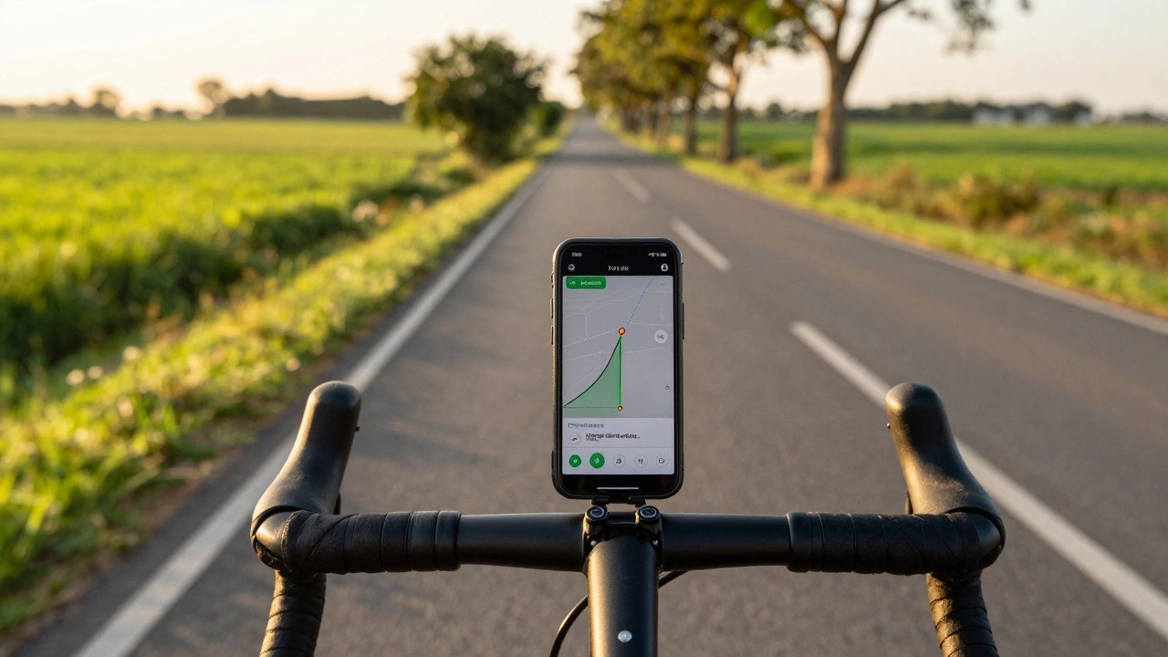 Cyclist view with GPS navigation on handlebar mount