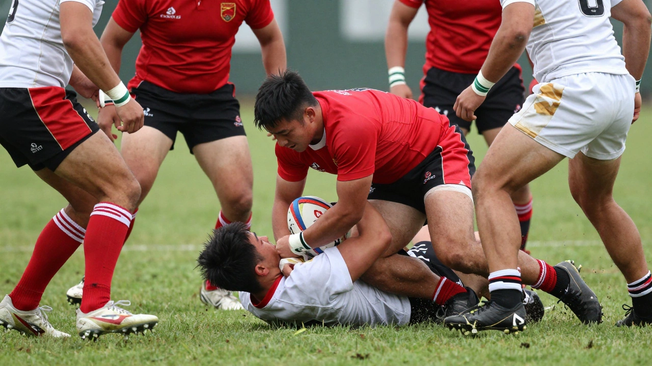 Defender tackling an opponent below the shoulders safely