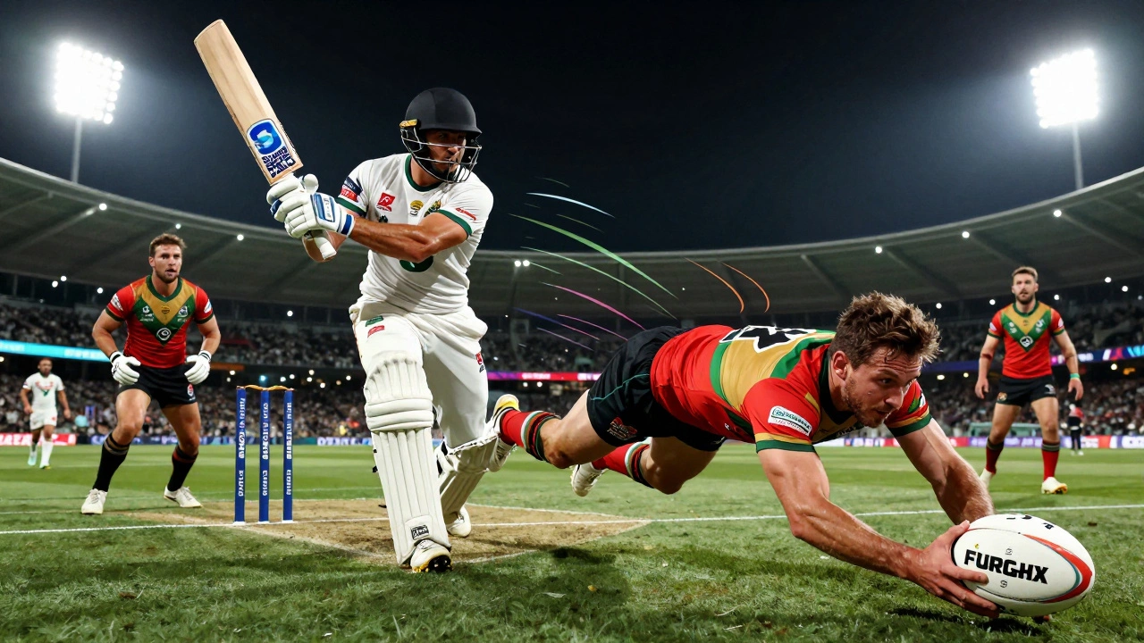 Dynamic collage of rugby, cricket, and soccer action scenes