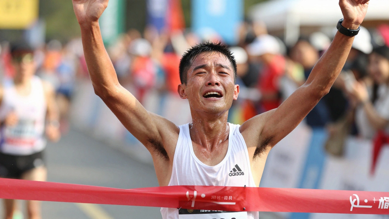 Exhausted runner crossing finish line with tears of relief
