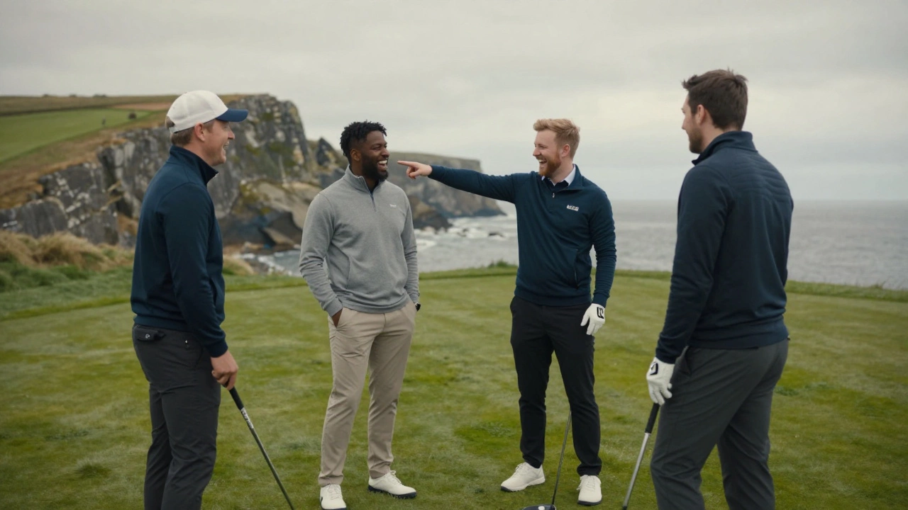 Friends laughing on a golf course, illustrating golf slang and camaraderie