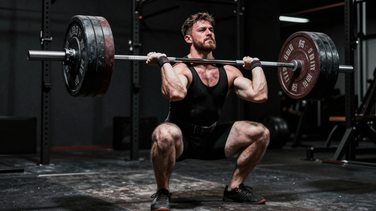 Powerlifter performing a heavy back squat with intense focus