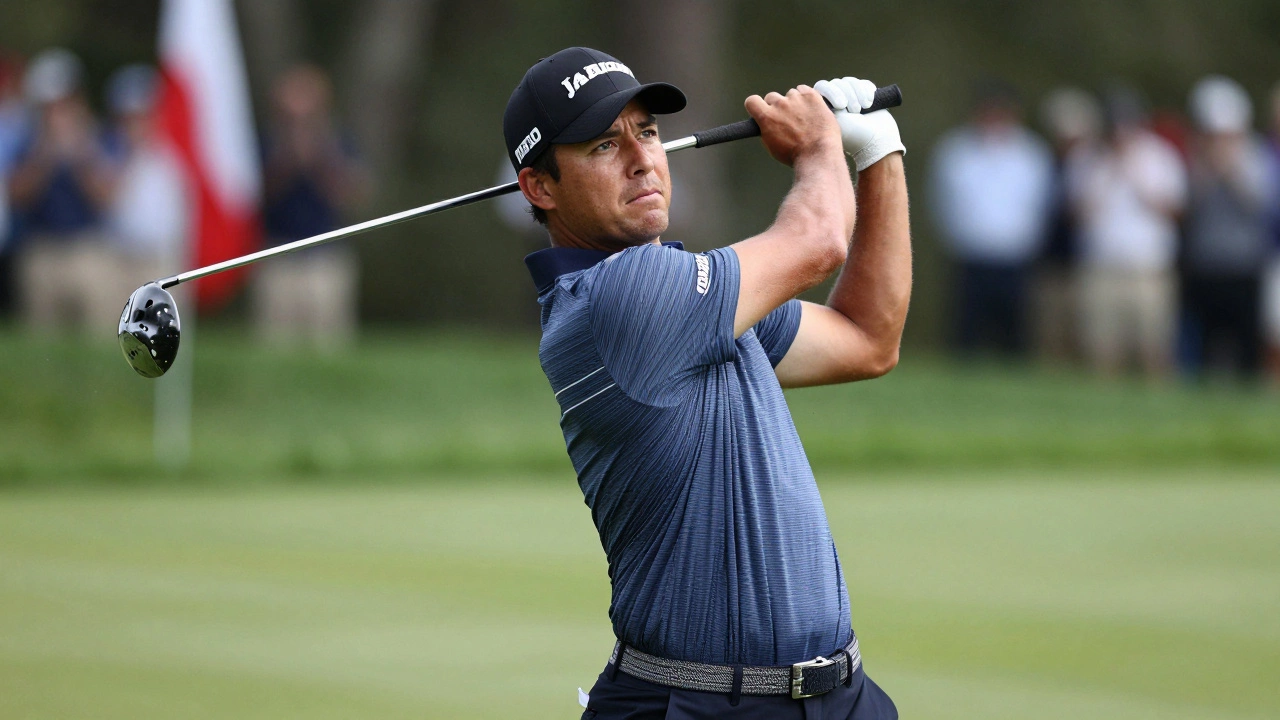 Professional golfer mid-swing on a tournament green, showing elite status