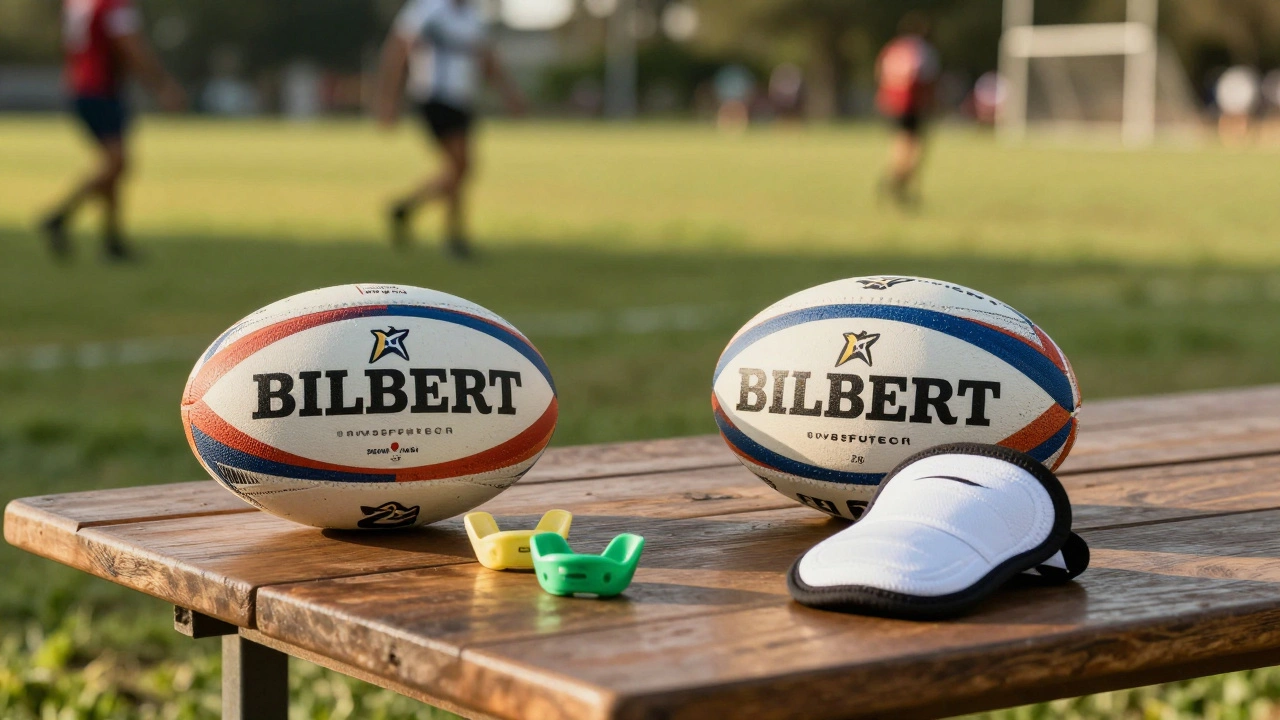 Rugby balls and protective gear on a table with a field background