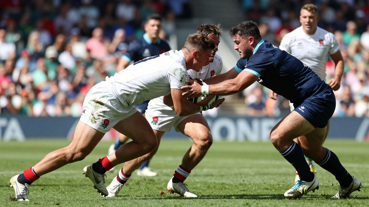 Rugby players tackling during a summer international test match