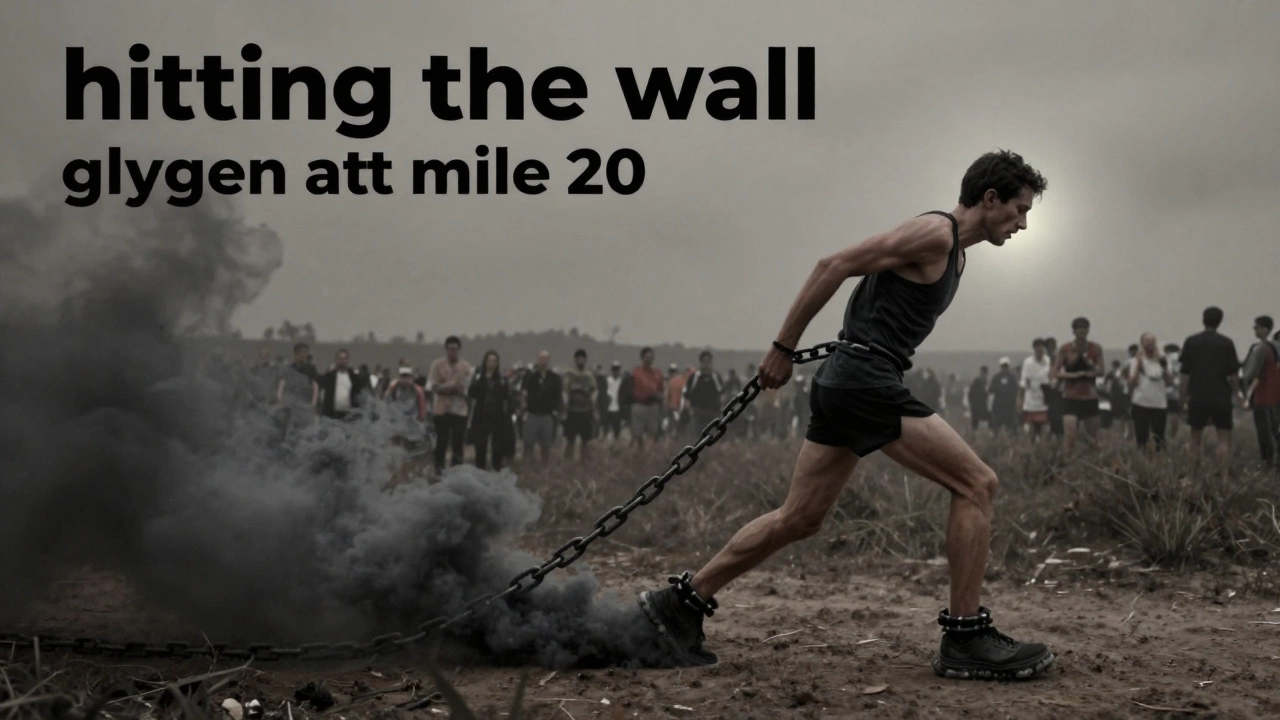 Runner struggling with heavy chains symbolizing hitting the wall