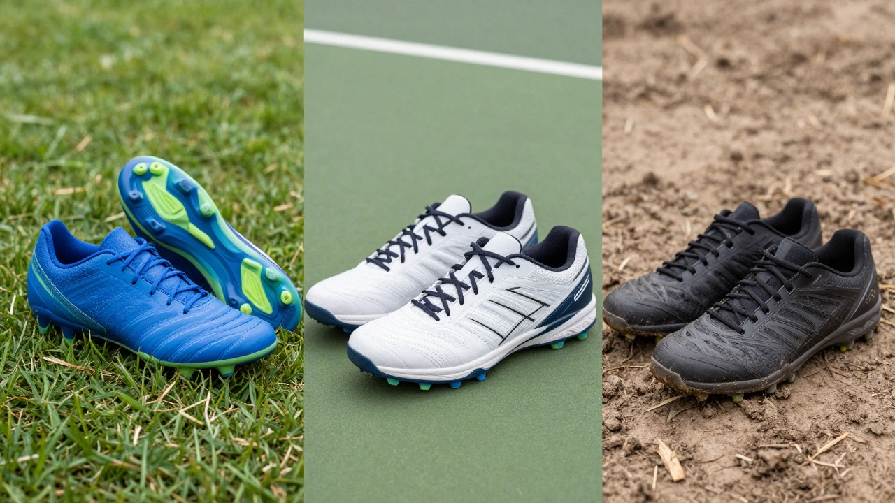 Soccer cleats, tennis shoes, and trail runners on respective surfaces
