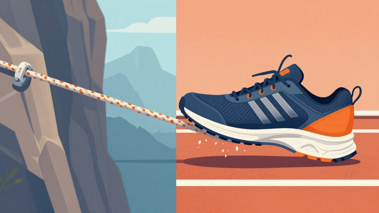 Split view of climbing rope tension and running shoe elasticity