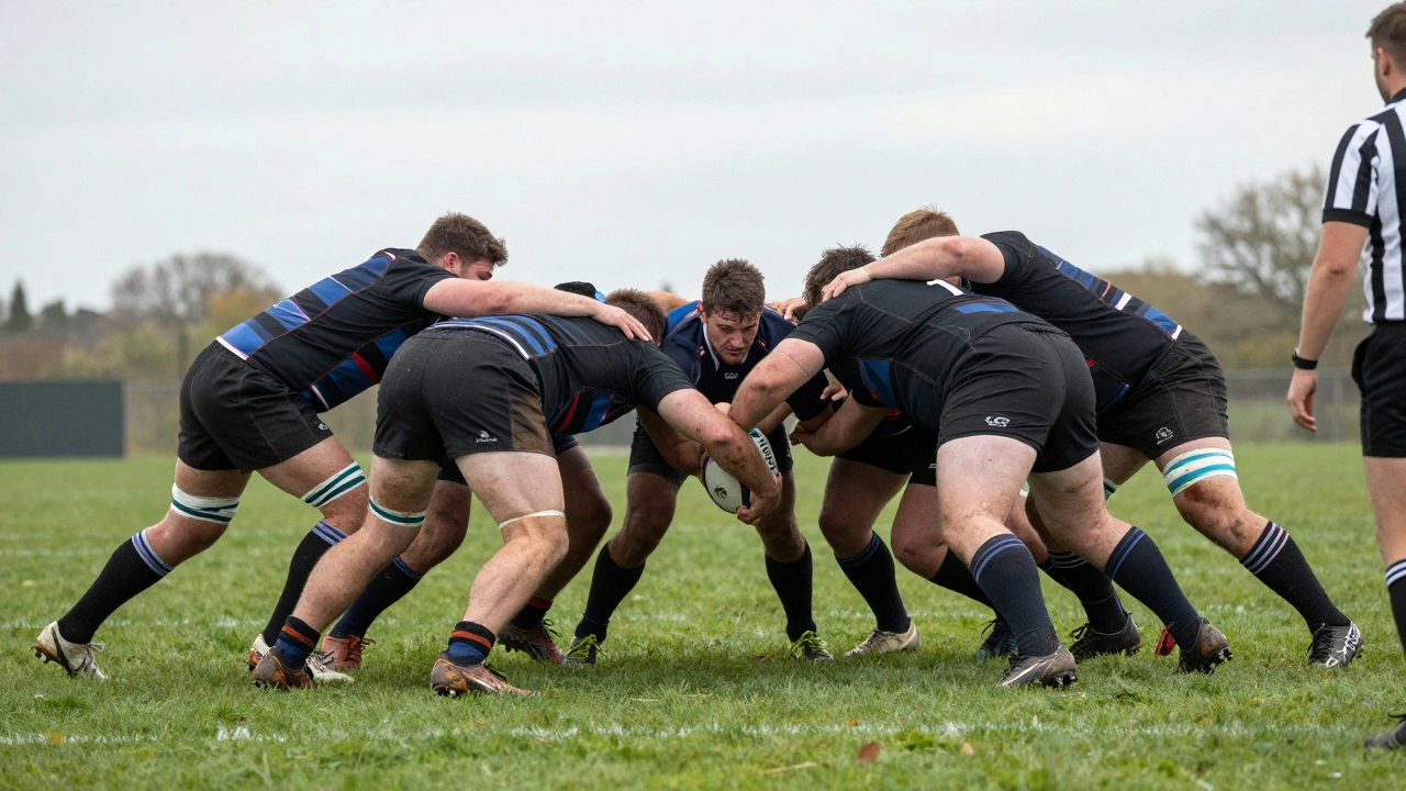Two teams engaging in a powerful rugby scrum