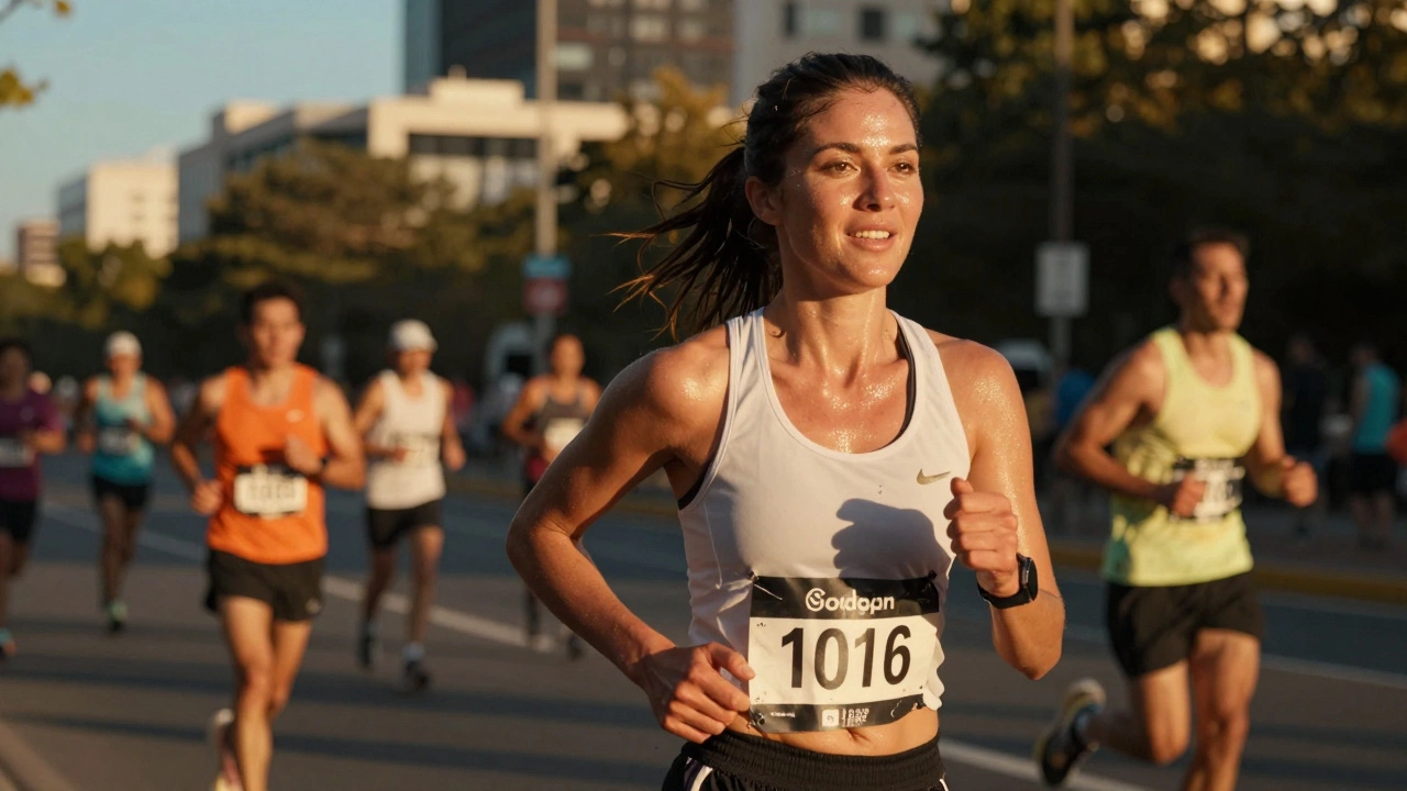 A focused thirty-something runner smiling during the final miles of a marathon in golden light.