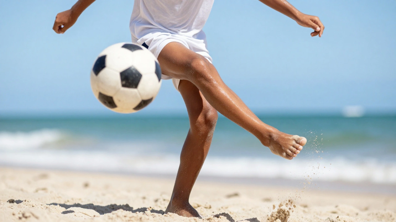 Child playing barefoot football on a sunny Brazilian beach