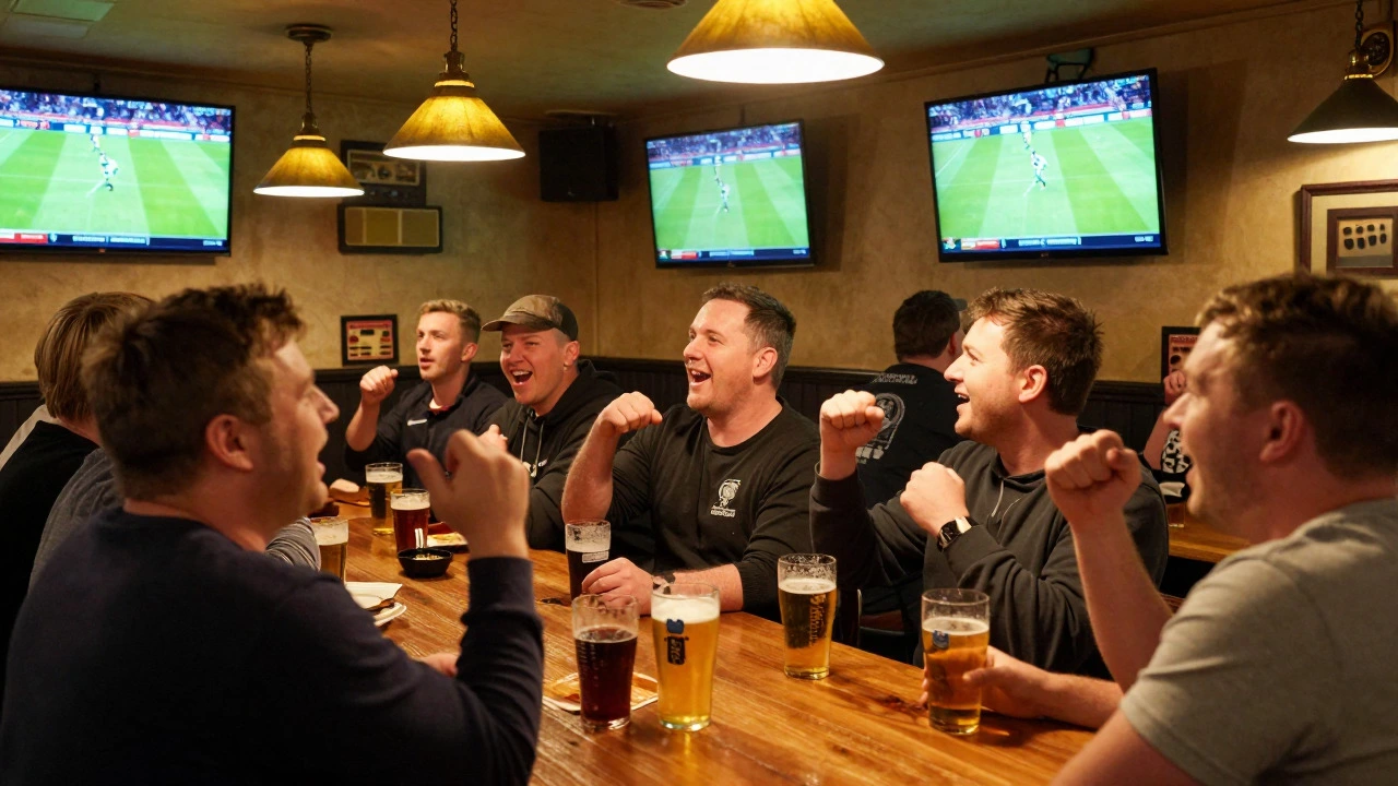 Crowded pub watching live rugby match on screens