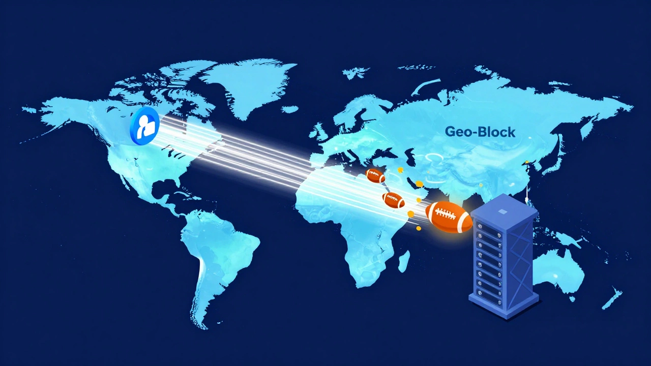 Digital illustration of VPN bypassing geo-blocks to stream rugby