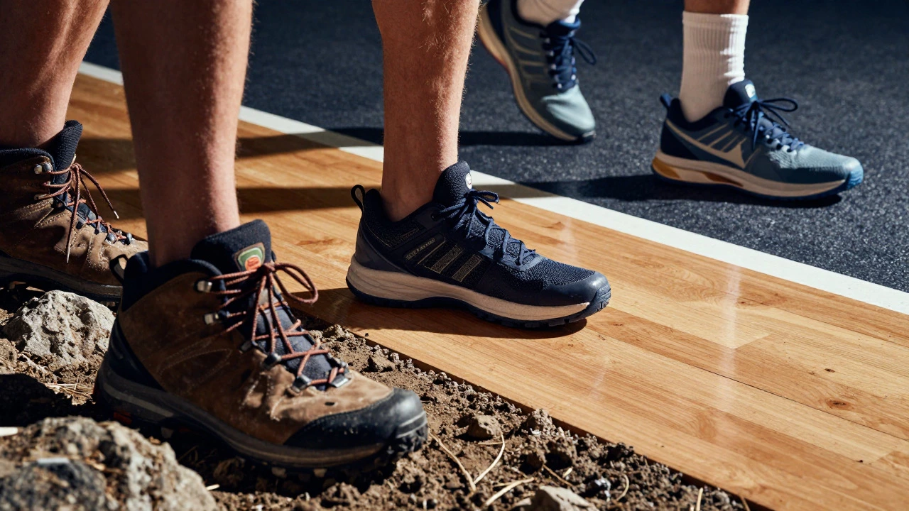 Dynamic low-angle shot of hiking, basketball, and running shoes on their specific surfaces.