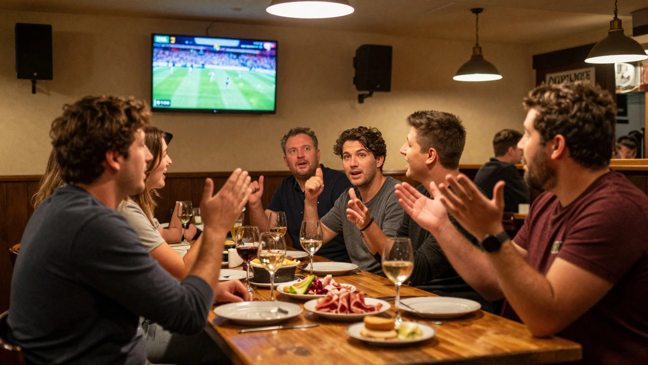 Fans debating rugby over drinks in a French pub