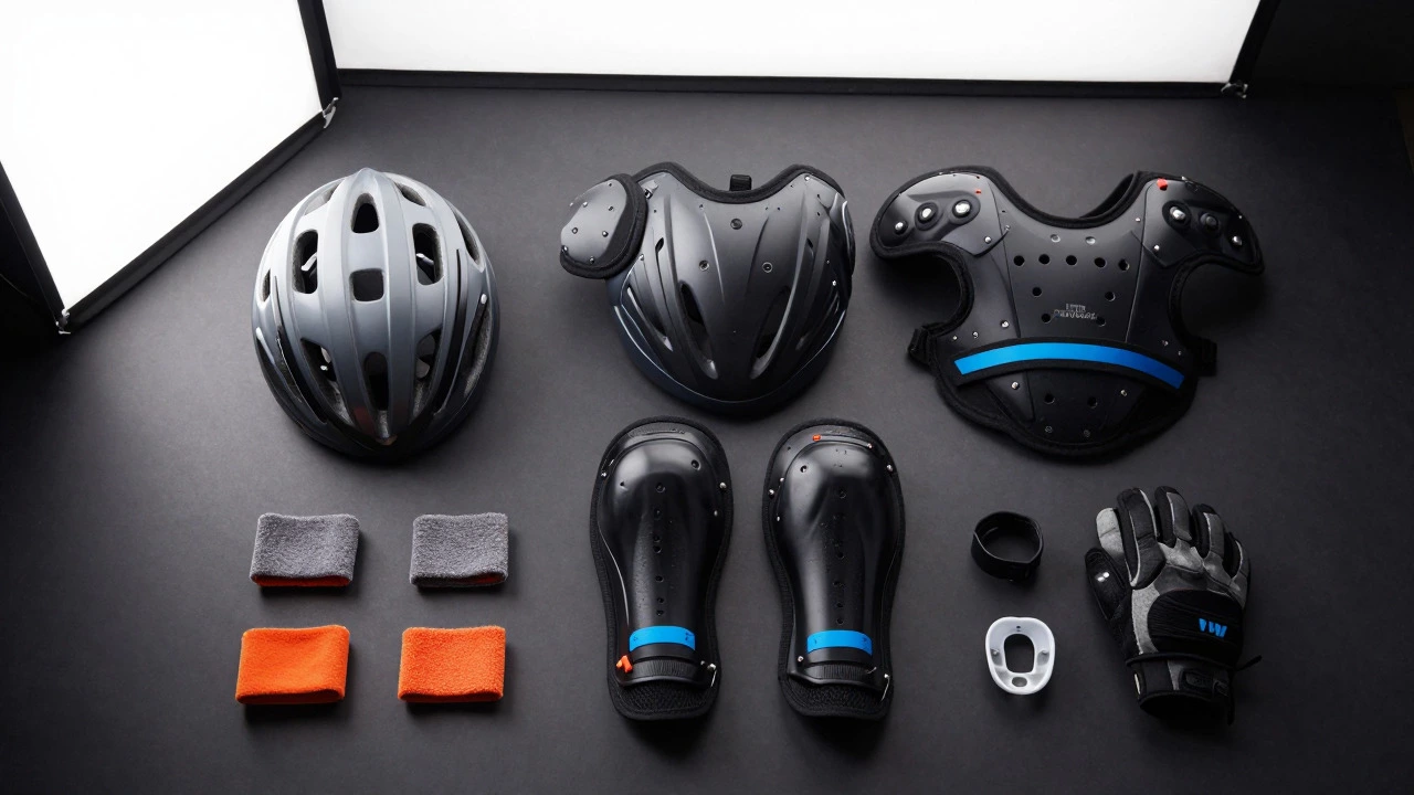 Flat-lay of protective sports gear including helmet, pads, and mouthguard on dark background.