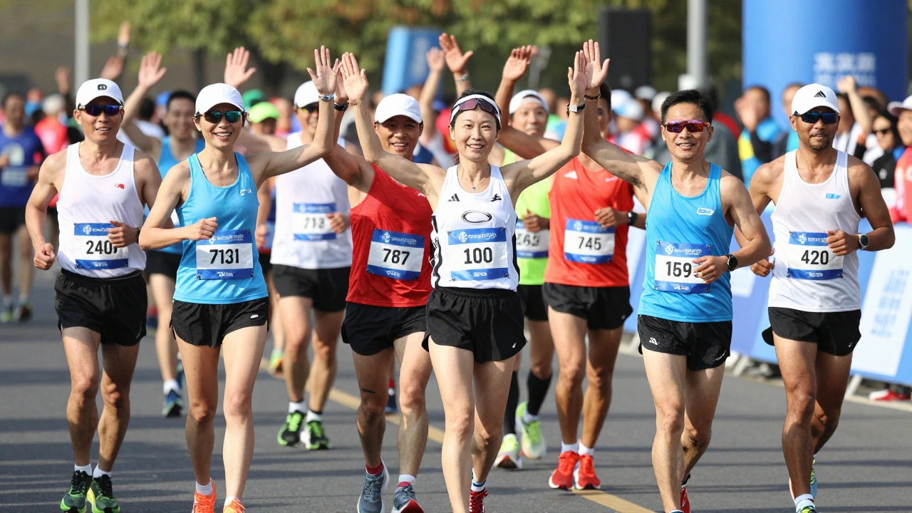 Group of 30s runners celebrating at a marathon finish line